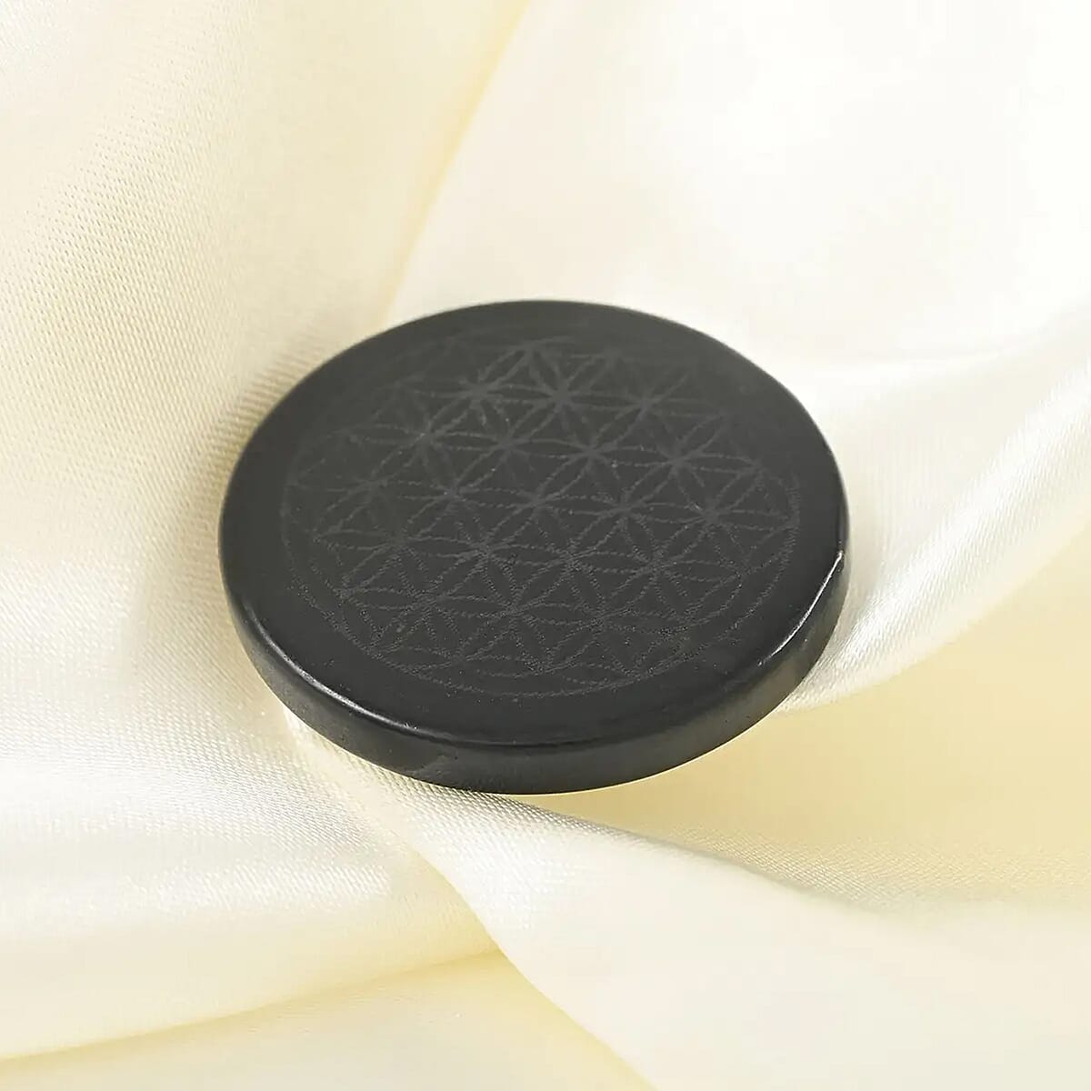 Shungite Flower of Life Engraved Round Cellphone Tile, Decorative Black Mineral Tile for Mobile Phones 1.25 Approx. 35ctw image number 3