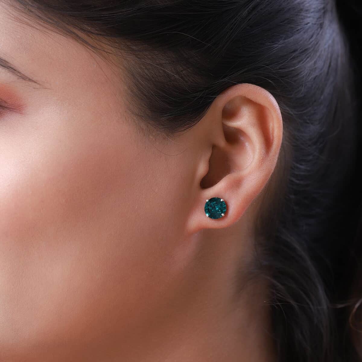 Doorbuster Emerald Color Crystal Solitaire Stud Earrings in Sterling Silver image number 2