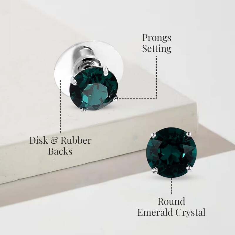 Emerald Color Crystal Solitaire Stud Earrings in Sterling Silver