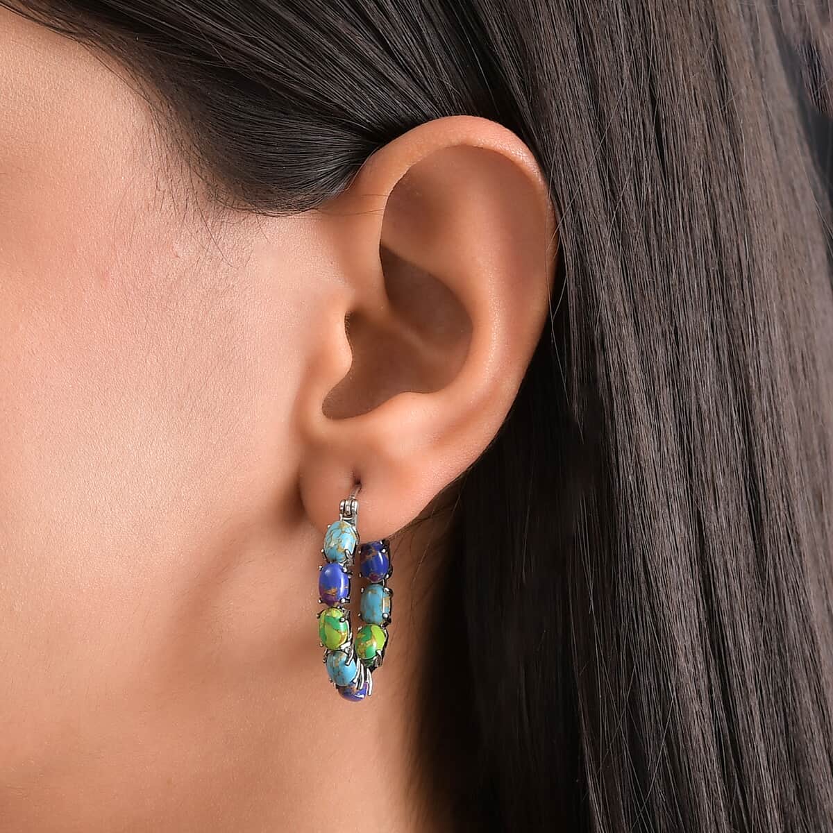 Doorbuster Mojave Green, Purple and Blue Turquoise Earrings in Stainless Steel 8.00 ctw image number 2