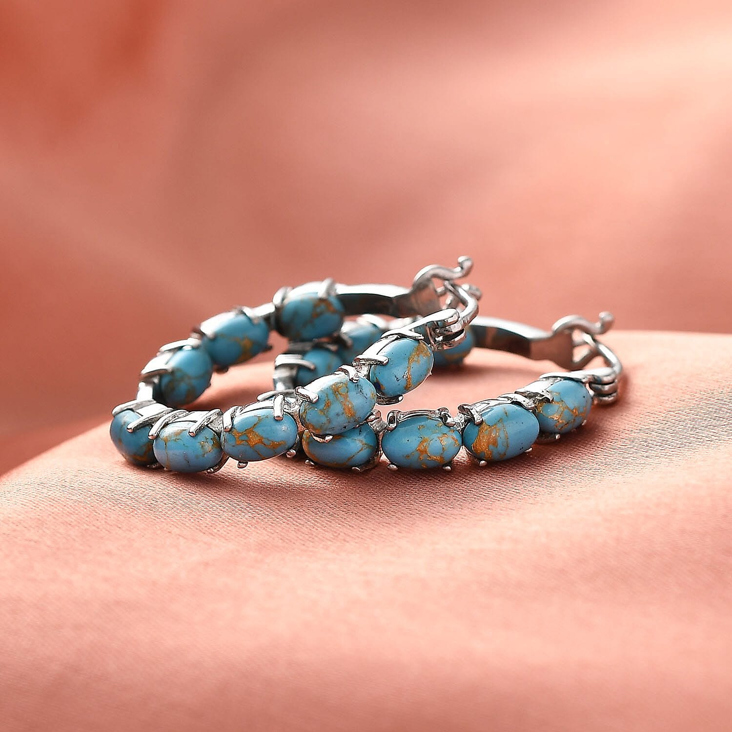 Mojave Blue Turquoise Hoop Earrings in Stainless Steel 7.50 ctw