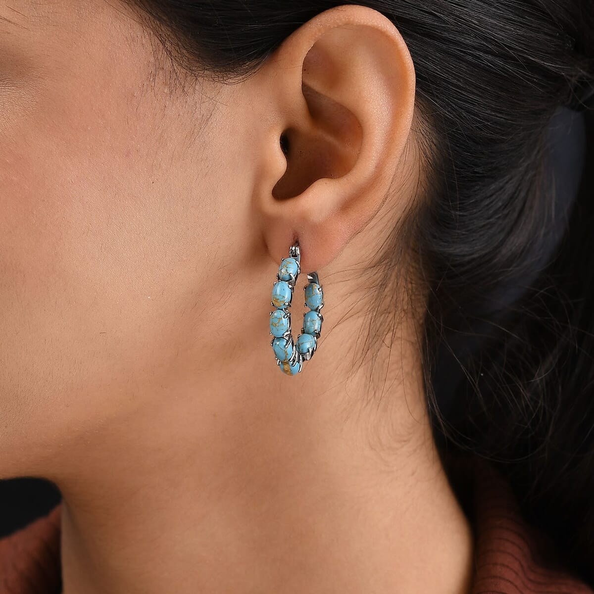 Doorbuster Mojave Blue Turquoise Hoop Earrings in Stainless Steel 7.50 ctw image number 2
