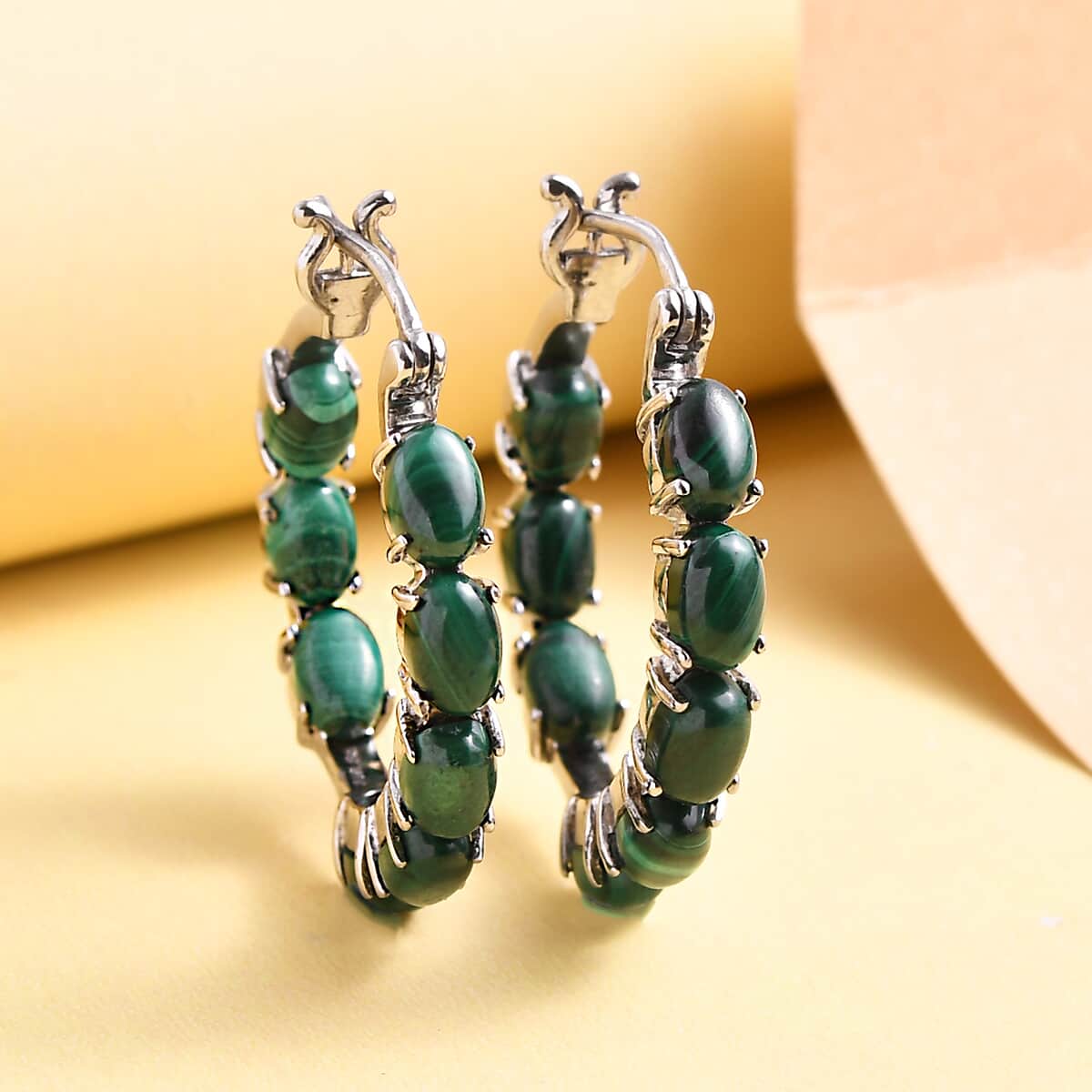 African Malachite Earrings in Stainless Steel 8.00 ctw , Tarnish-Free, Waterproof, Sweat Proof Jewelry image number 1