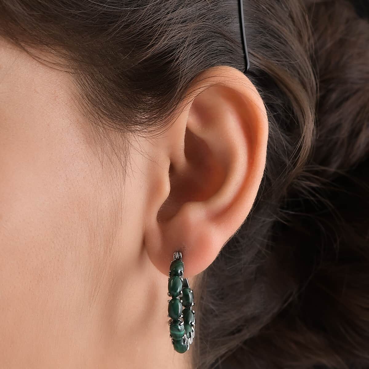 African Malachite Earrings in Stainless Steel 8.00 ctw , Tarnish-Free, Waterproof, Sweat Proof Jewelry image number 2