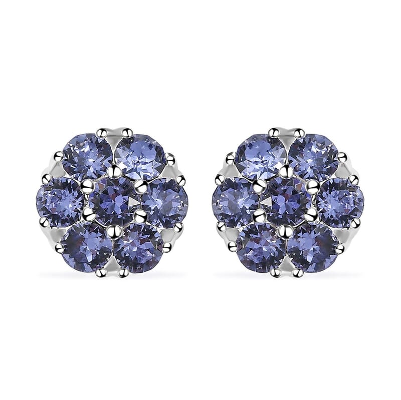 Tanzanite Color Crystal Floral Stud Earrings in Sterling Silver