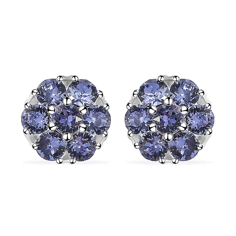Tanzanite Color Crystal Floral Stud Earrings in Sterling Silver