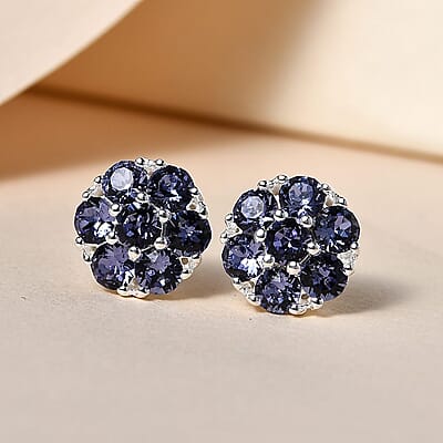 Tanzanite Color Crystal Floral Stud Earrings in Sterling Silver