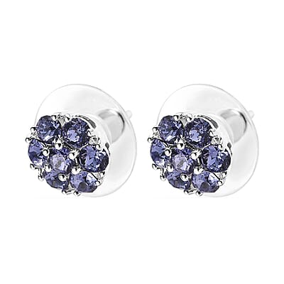 Tanzanite Color Crystal Floral Stud Earrings in Sterling Silver
