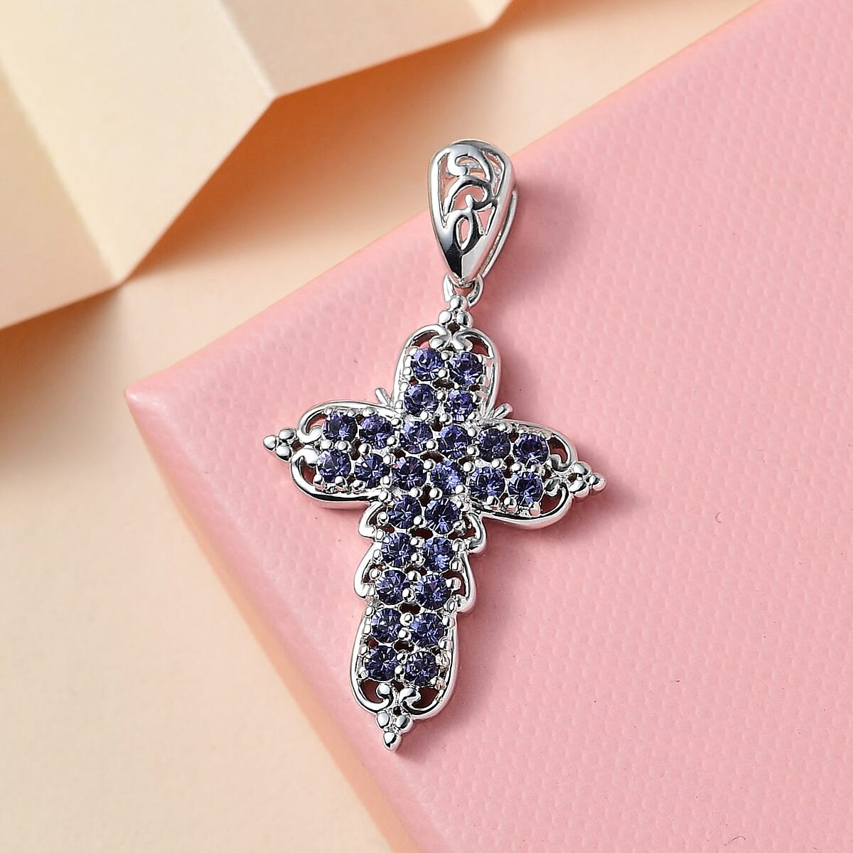 Karis Tanzanite Color Crystal Cross Pendant in Platinum Bond image number 1