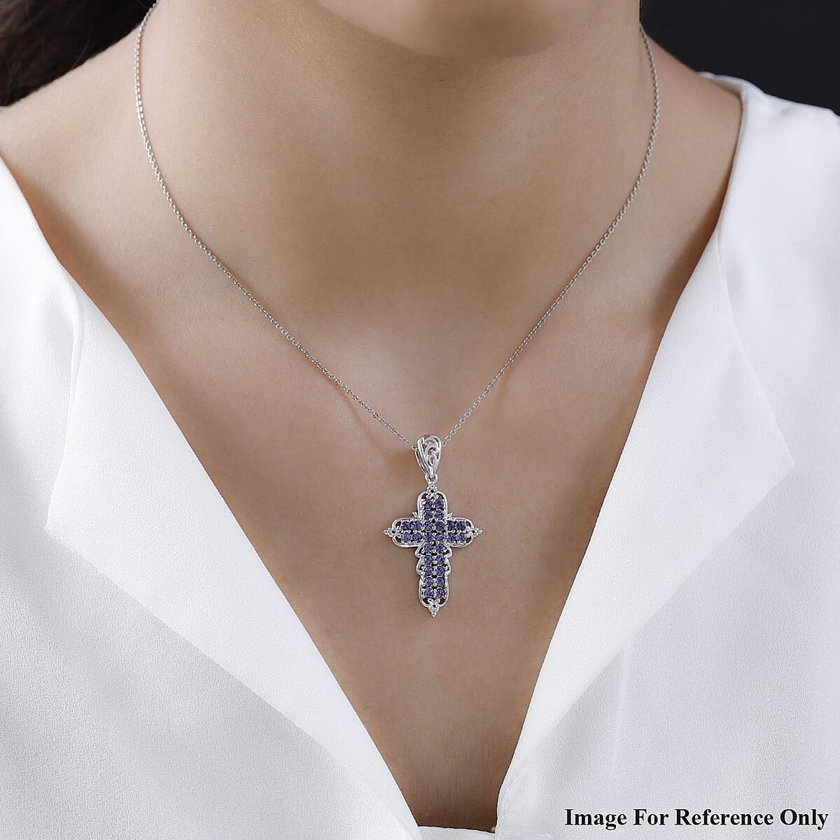 Karis Tanzanite Color Crystal Cross Pendant in Platinum Bond image number 2