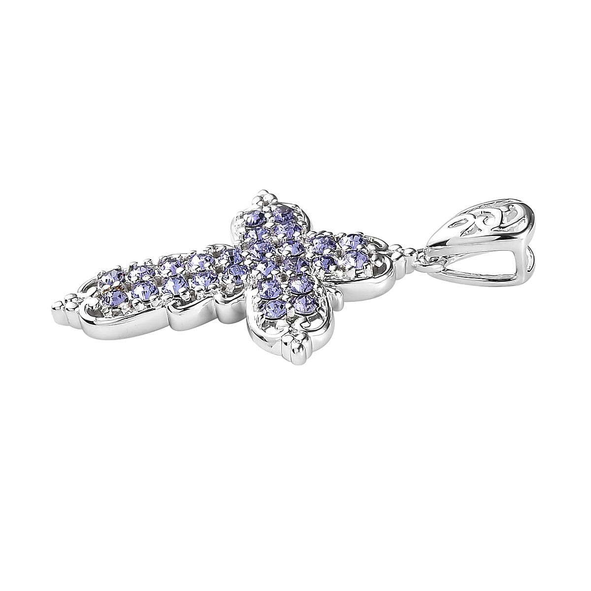 Karis Tanzanite Color Crystal Cross Pendant in Platinum Bond image number 3