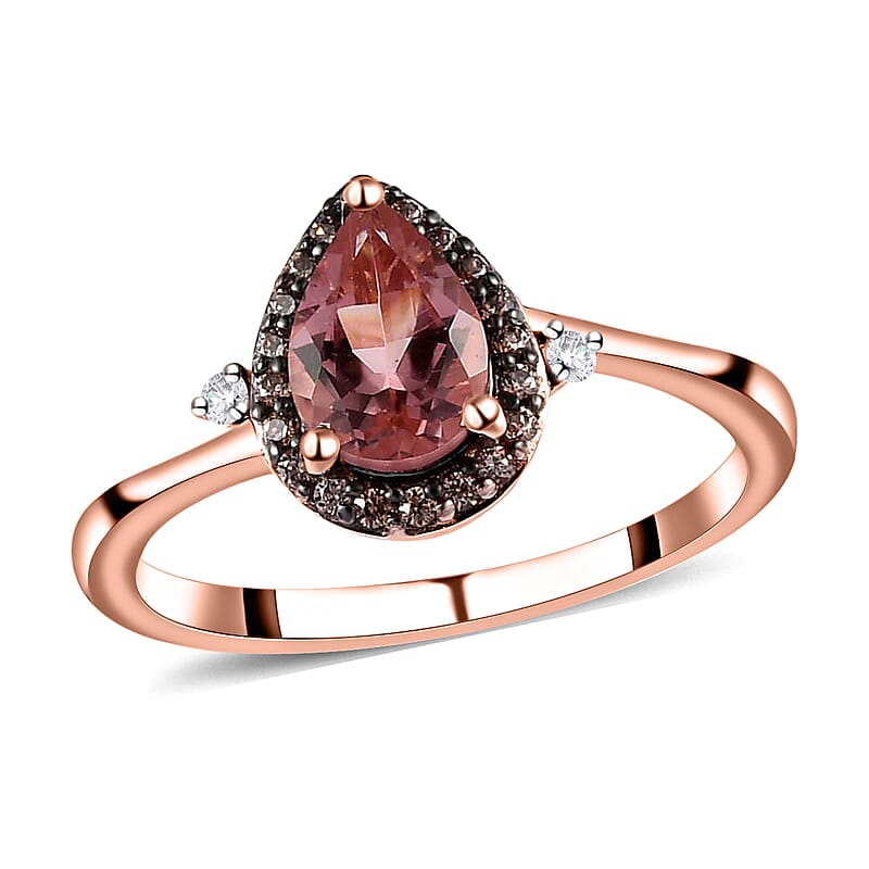 Blush Tourmaline Ring, White and Coffee Zircon Accent Ring, Tourmaline Halo Ring, Vermeil Rose Gold Over Sterling Silver Ring, Promise Ring For Her 0.75 ctw