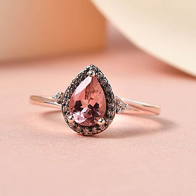 Blush Tourmaline Ring, White and Coffee Zircon Accent Ring, Tourmaline Halo Ring, Vermeil Rose Gold Over Sterling Silver Ring, Promise Ring For Her 0.75 ctw