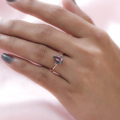 Blush Tourmaline Ring, White and Coffee Zircon Accent Ring, Tourmaline Halo Ring, Vermeil Rose Gold Over Sterling Silver Ring, Promise Ring For Her 0.75 ctw