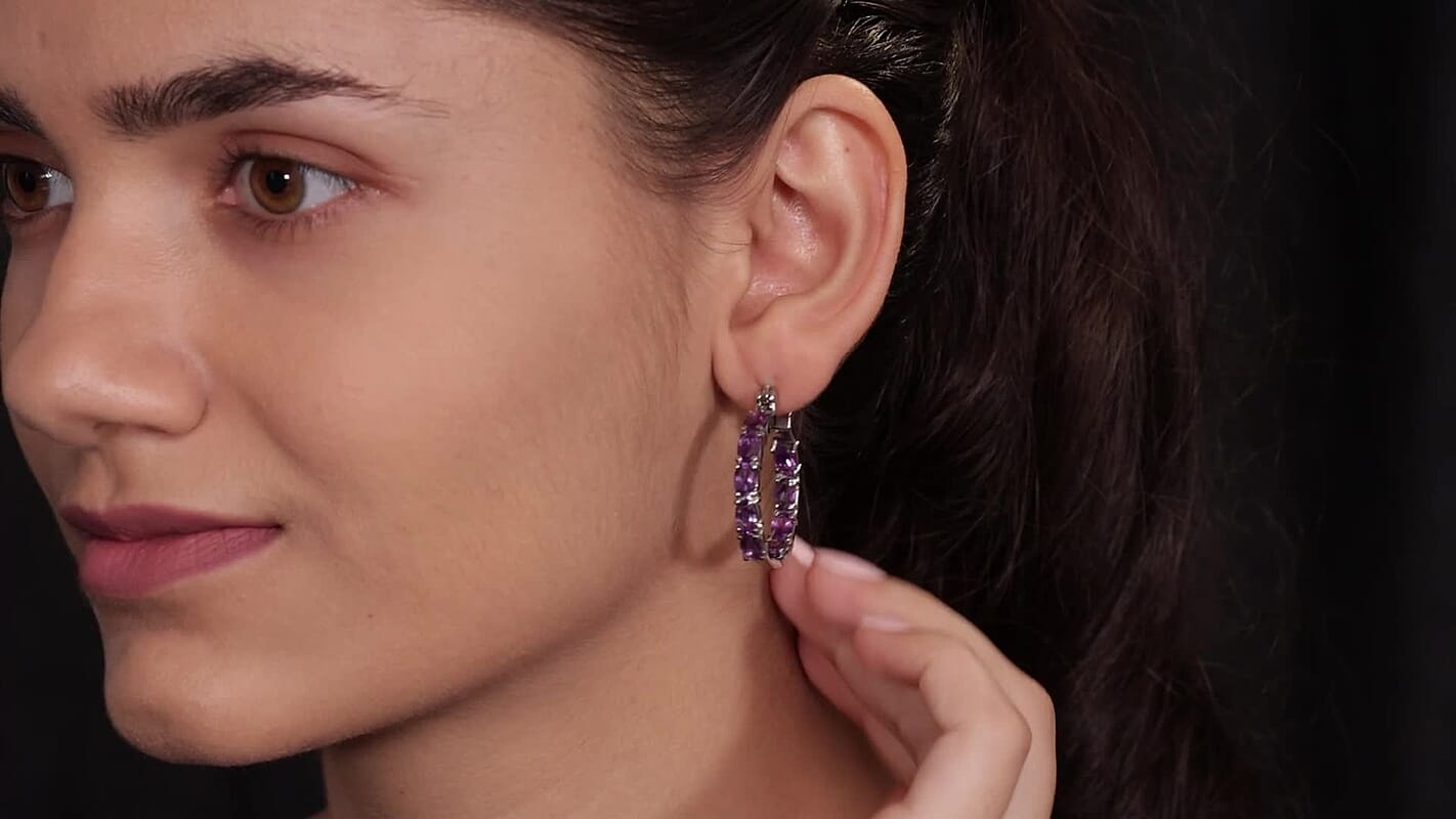 African Amethyst 7.65 ctw Hoop Earrings in Stainless Steel