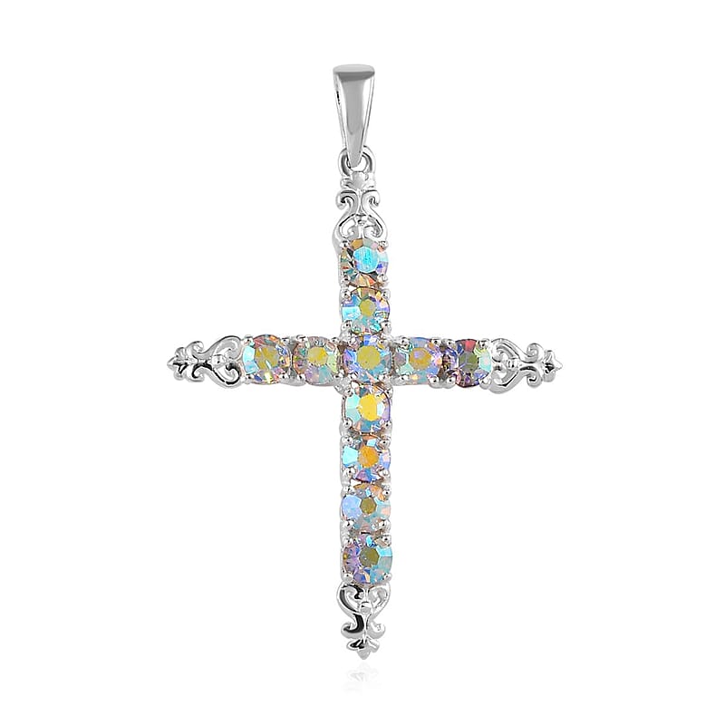 Aurora Borealis Crystal Cross Pendant without Chain in Sterling Silver