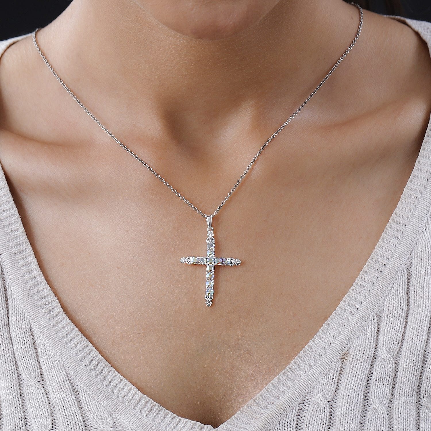 Aurora Borealis Crystal Cross Pendant without Chain in Sterling Silver