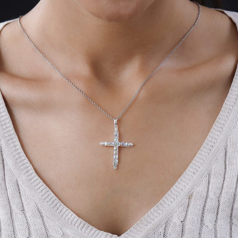 Aurora Borealis Crystal Cross Pendant without Chain in Sterling Silver