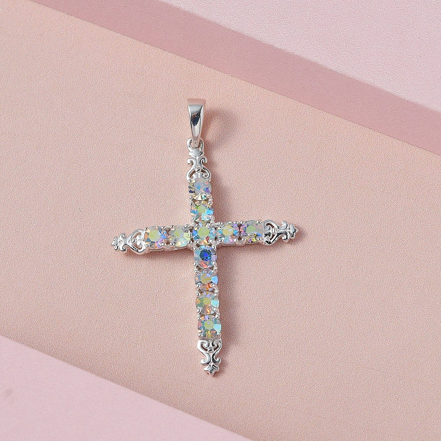Aurora Borealis Crystal Cross Pendant without Chain in Sterling Silver