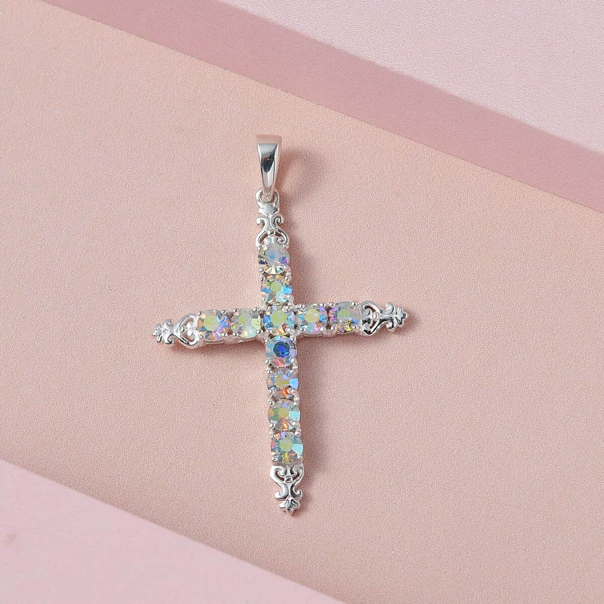 Aurora Borealis Crystal Cross Pendant in Sterling Silver image number 2