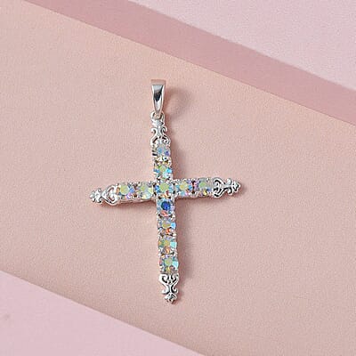 Aurora Borealis Crystal Cross Pendant without Chain in Sterling Silver