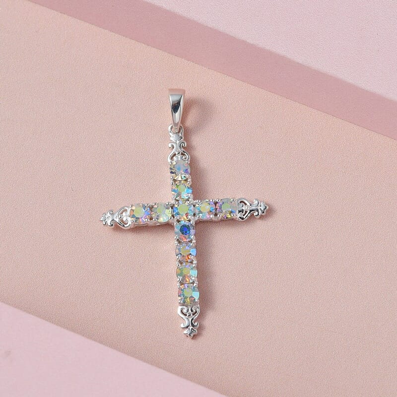Aurora Borealis Crystal Cross Pendant without Chain in Sterling Silver