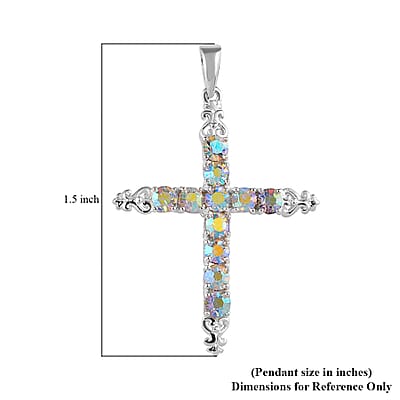 Aurora Borealis Crystal Cross Pendant without Chain in Sterling Silver