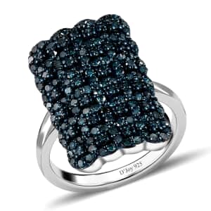 Blue Diamond Cluster Ring in Platinum Over Sterling Silver,Statement Rings For Women 1.00 ctw