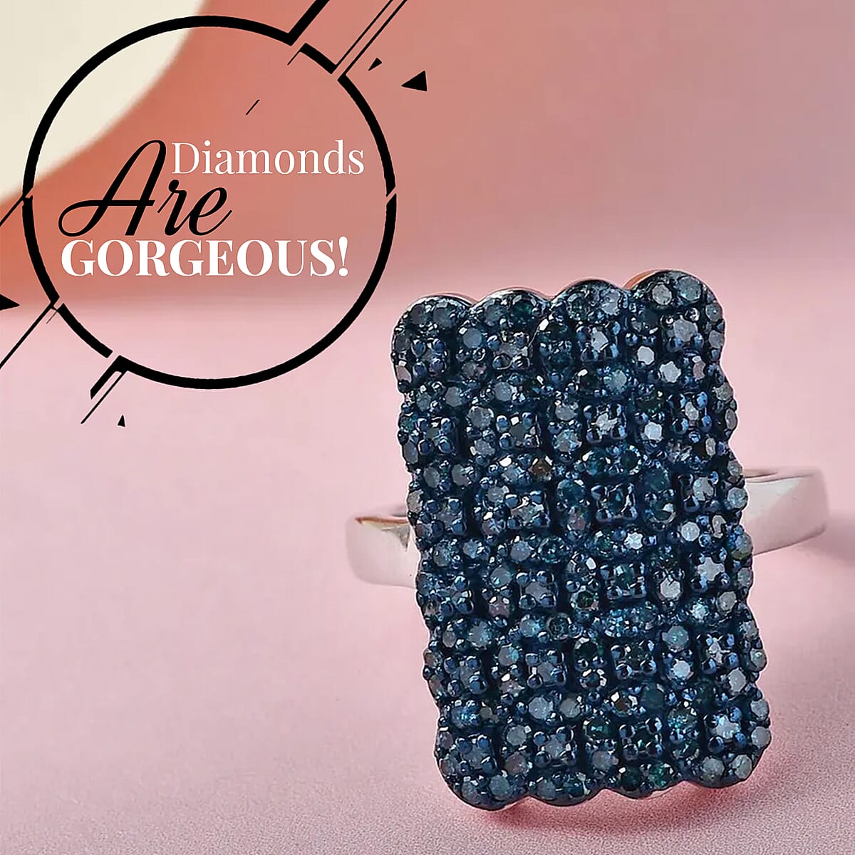 Blue Diamond Cluster Ring in Platinum Over Sterling Silver,Statement Rings For Women 1.00 ctw image number 1