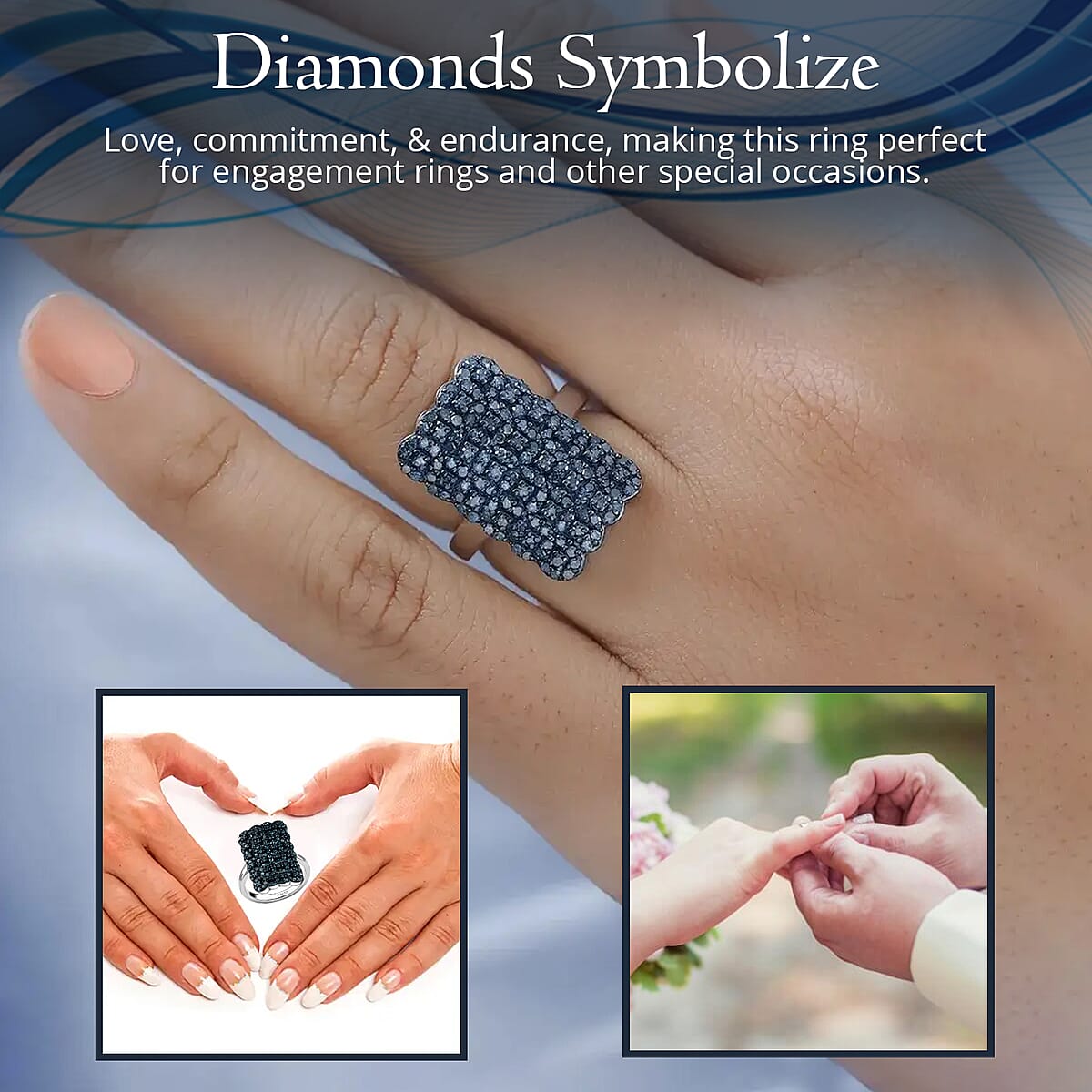 Blue Diamond Cluster Ring in Platinum Over Sterling Silver,Statement Rings For Women 1.00 ctw image number 2