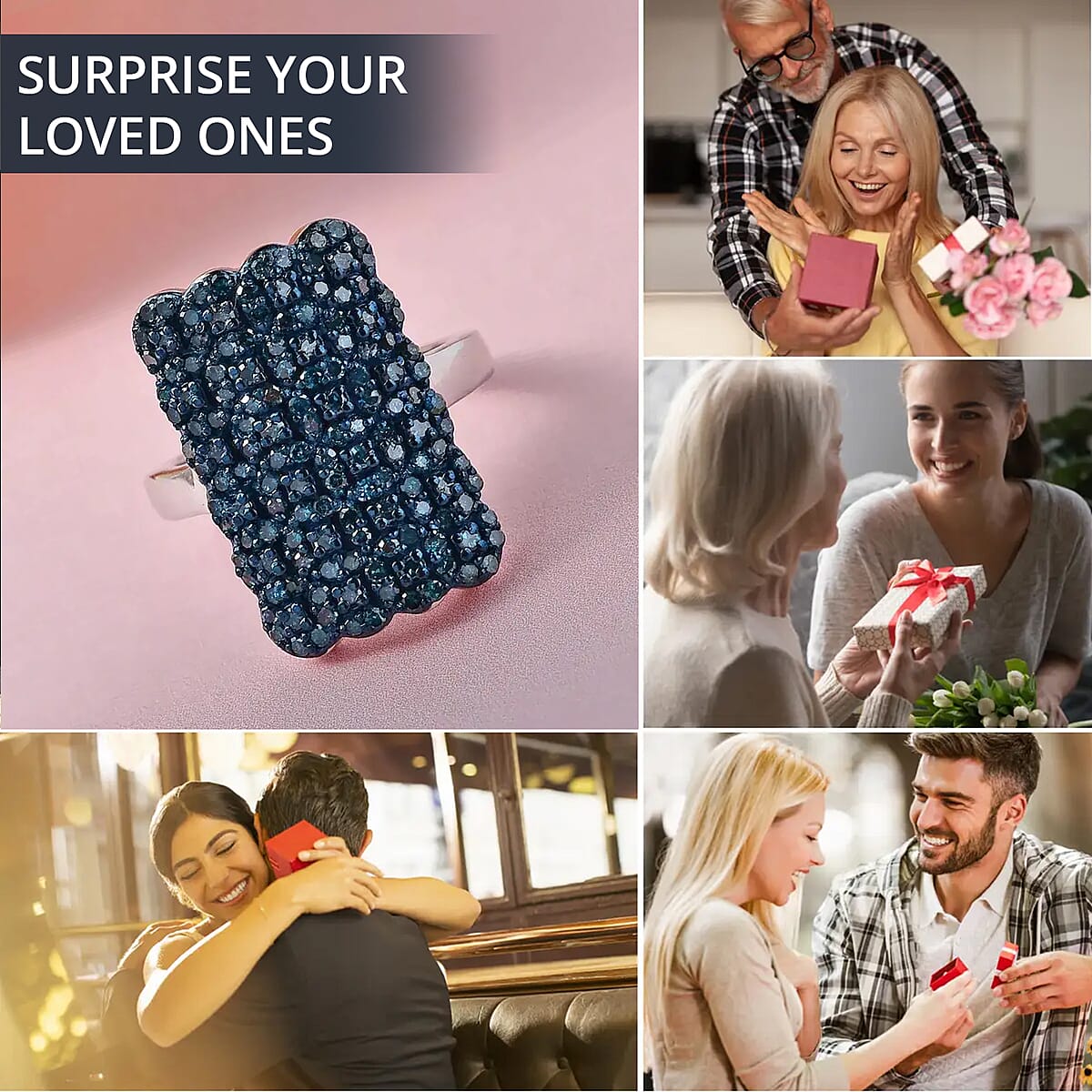 Blue Diamond Cluster Ring in Platinum Over Sterling Silver,Statement Rings For Women 1.00 ctw image number 3