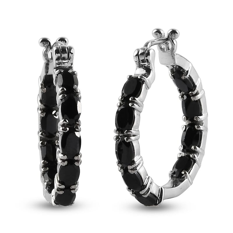 Thai Black Spinel 10.40 ctw Hoop Earrings in Stainless Steel