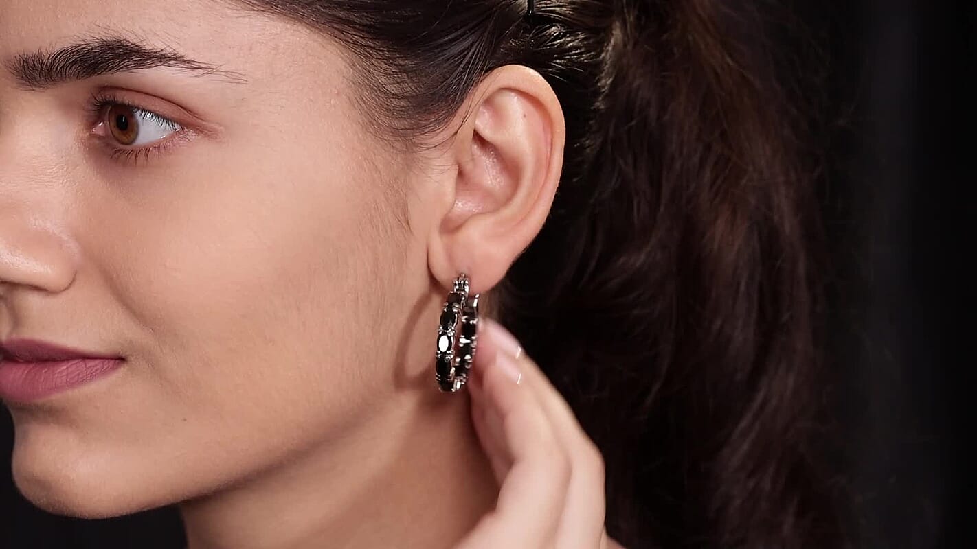Thai Black Spinel 10.40 ctw Hoop Earrings in Stainless Steel