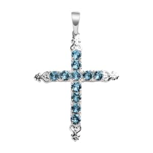 Aquamarine Color Crystal Cross Pendant in Sterling Silver