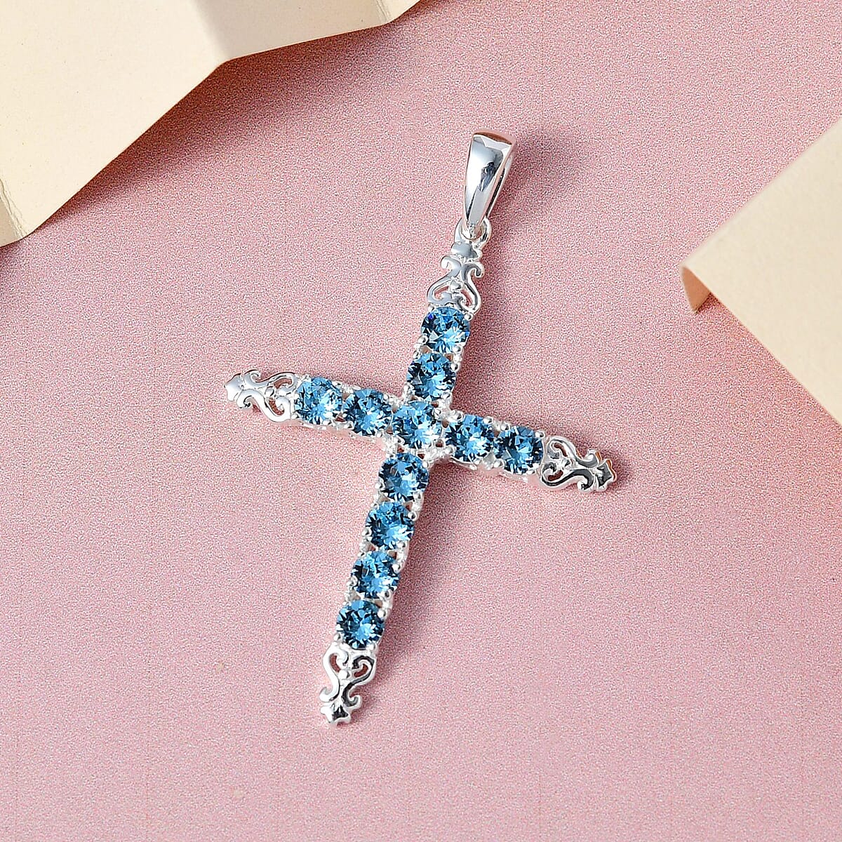 Aquamarine Color Crystal Cross Pendant in Sterling Silver image number 1