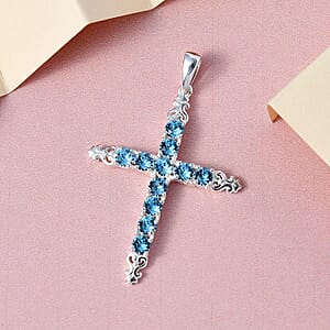 Aquamarine Color Crystal Cross Pendant in Sterling Silver