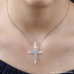 Aquamarine Color Crystal Cross Pendant in Sterling Silver