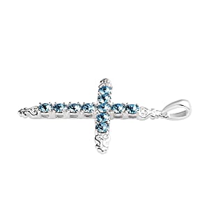 Aquamarine Color Crystal Cross Pendant in Sterling Silver