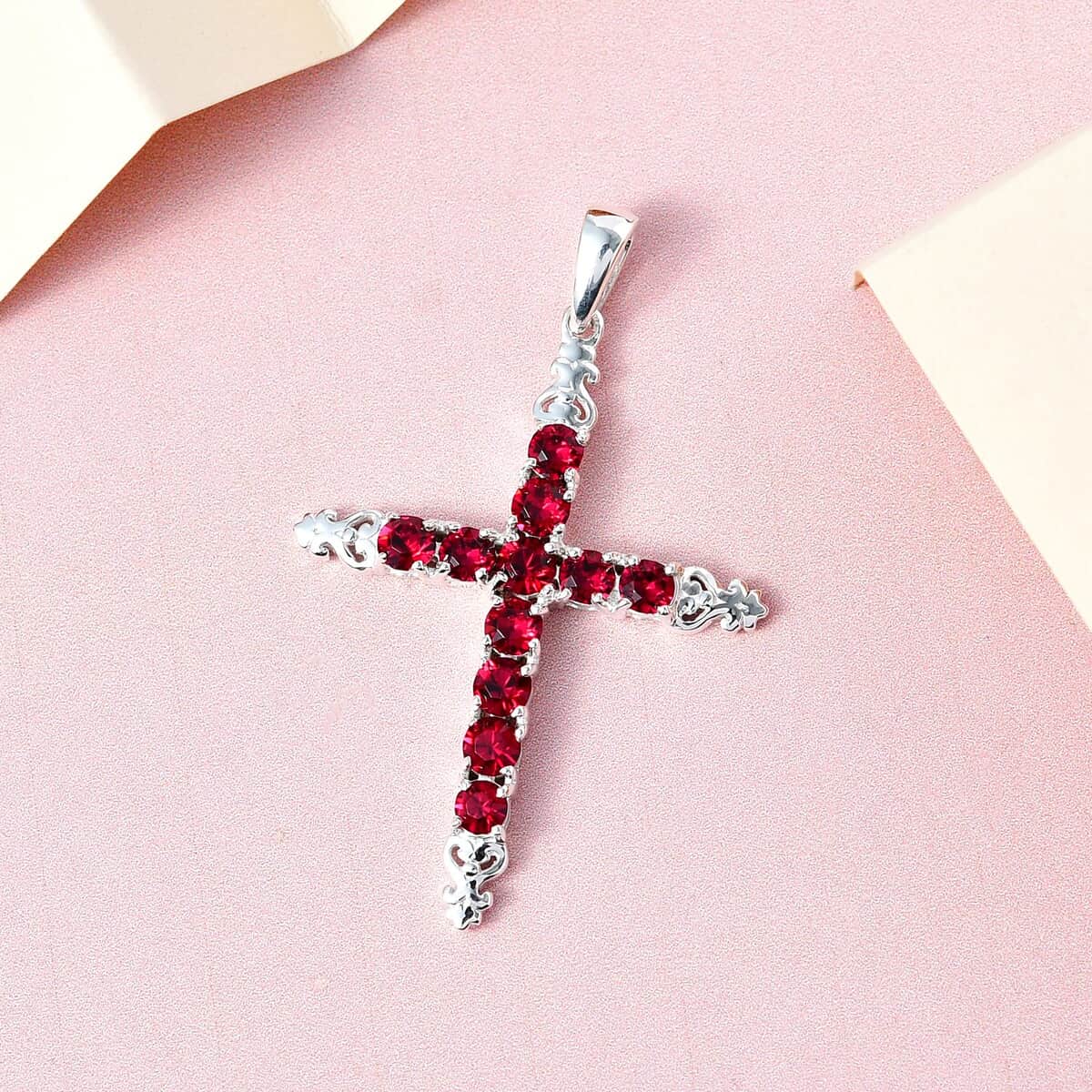 Ruby Color Crystal Cross Pendant in Sterling Silver image number 1