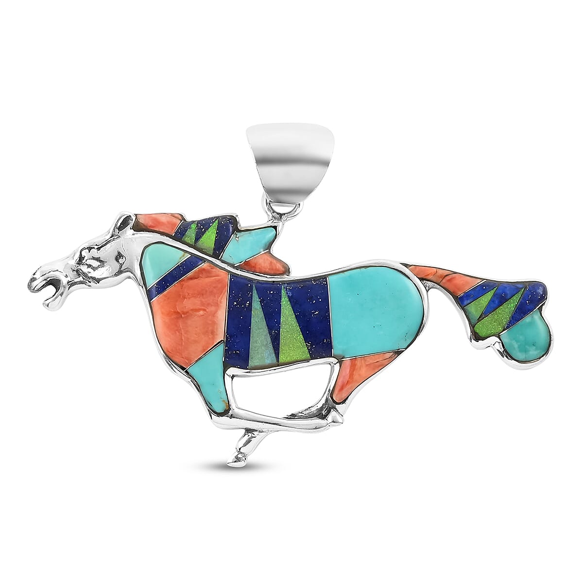 Santa Fe Style Multi Gemstone Running Horse Pendant in Sterling Silver 13.40 Grams 2.10 ctw