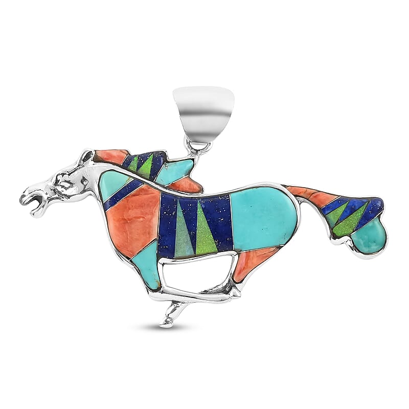 Santa Fe Style Multi Gemstone Running Horse Pendant in Sterling Silver 13.40 Grams 2.10 ctw