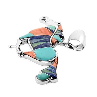 Santa Fe Style Multi Gemstone Running Horse Pendant in Sterling Silver 13.40 Grams 2.10 ctw