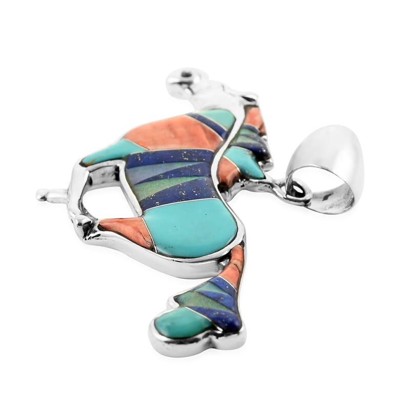 Santa Fe Style Multi Gemstone Running Horse Pendant in Sterling Silver 13.40 Grams 2.10 ctw