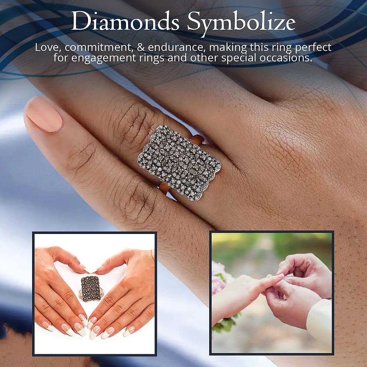 Natural Champagne Diamond 1.00 ctw Cluster Ring in Vermeil RG Over Sterling Silver, Statement Rings For Women (Size 6.00) image number 2