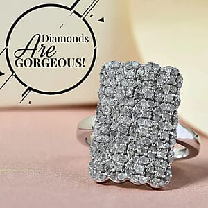 Diamond Cluster Ring in Platinum Over Sterling Silver,Statement Rings For Women 1.00 ctw
