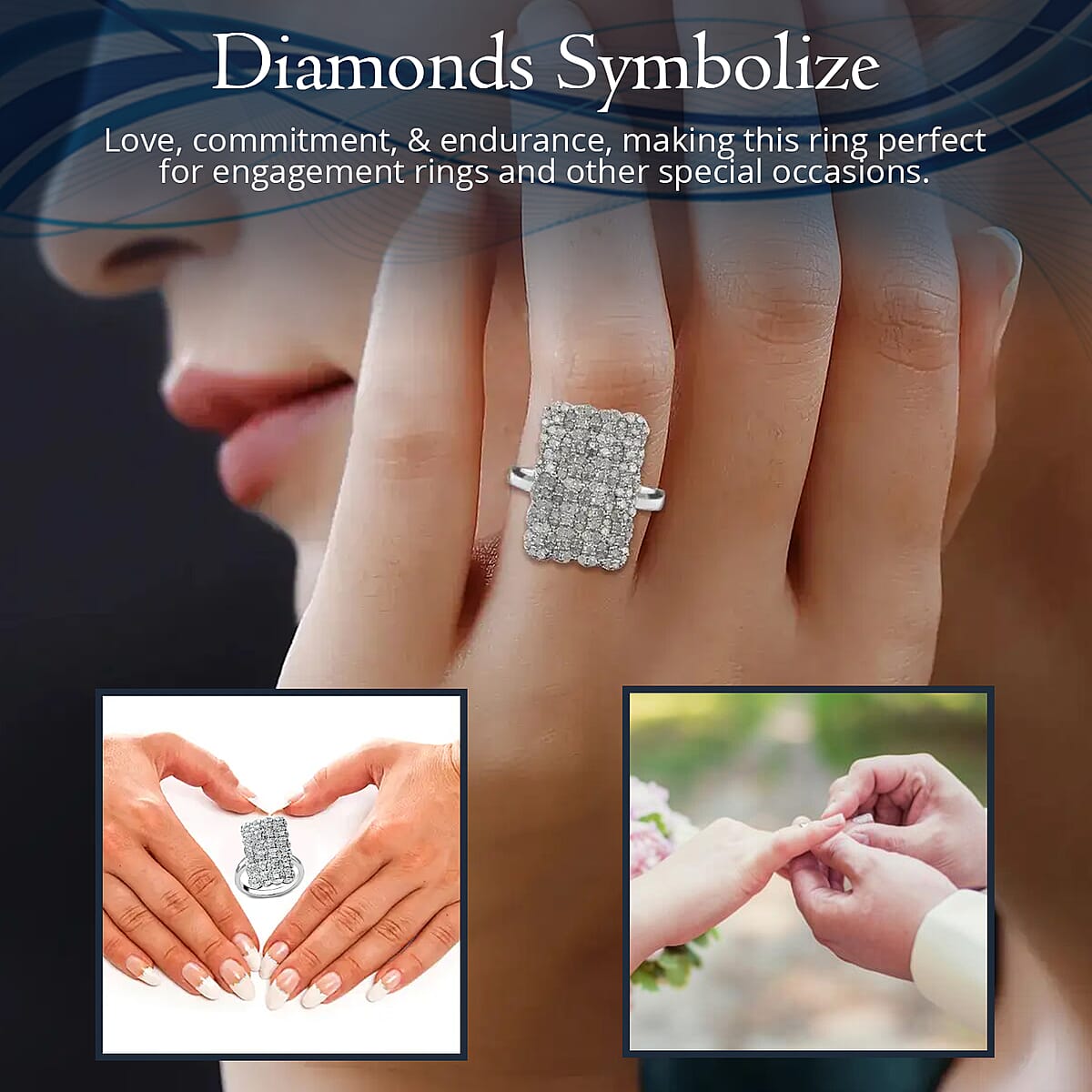 Diamond Cluster Ring in Platinum Over Sterling Silver,Statement Rings For Women 1.00 ctw image number 4