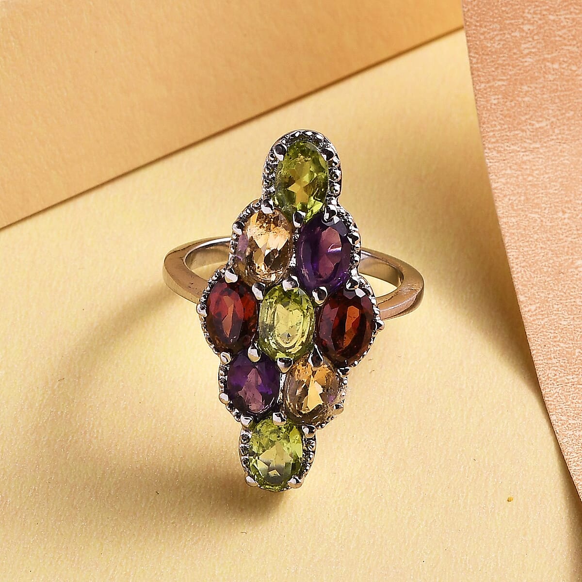 Multi Gemstone Elongated Ring in Stainless Steel (Size 5.0) 4.40 ctw image number 1