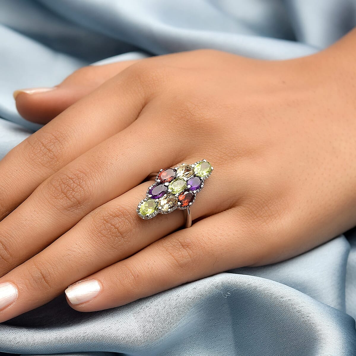 Multi Gemstone Elongated Ring in Stainless Steel (Size 5.0) 4.40 ctw image number 2