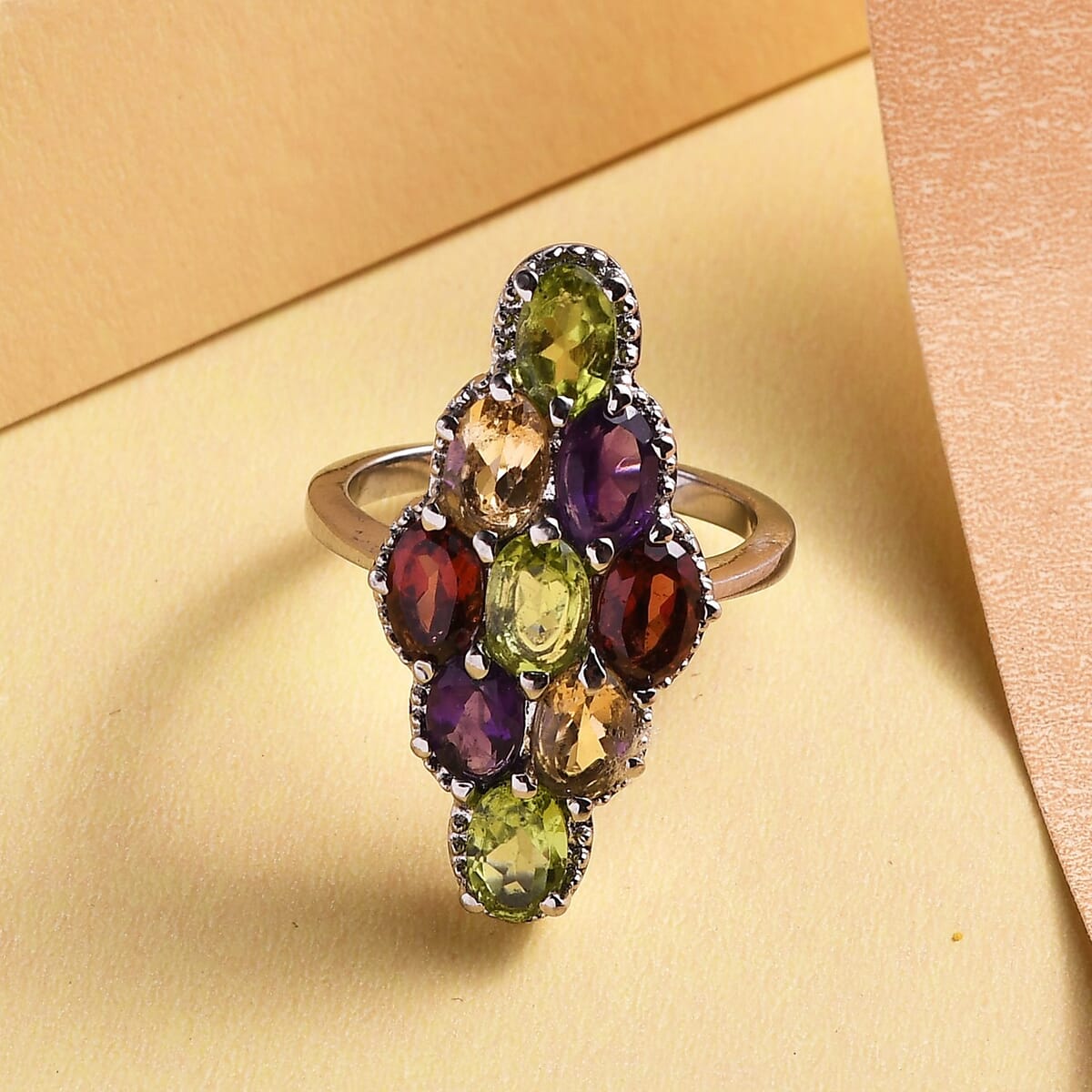 Multi Gemstone Elongated Ring in Stainless Steel (Size 9.0) 4.40 ctw image number 1