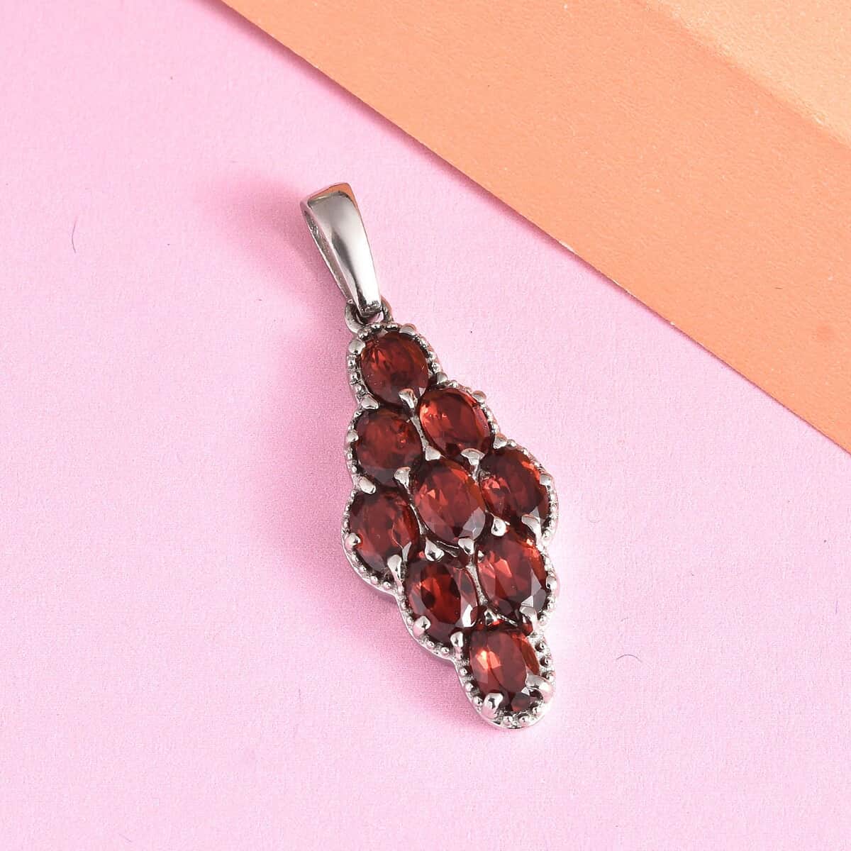 Mozambique Garnet 5.15 ctw Elongated Pendant in Stainless Steel | Tarnish-Free, Waterproof, Sweat Proof Jewelry image number 1